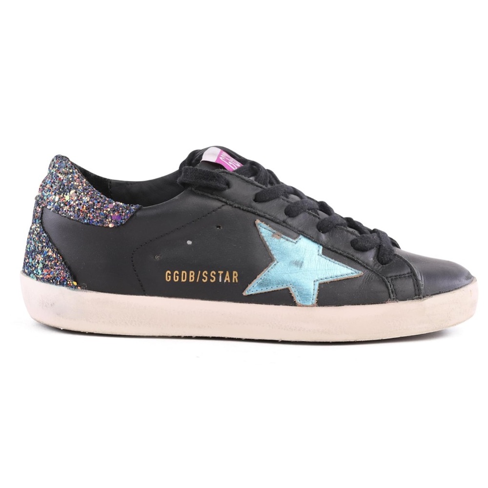 Golden Goose Superstar Black Leather Sneakers with Blue Star & Glitter Size 37